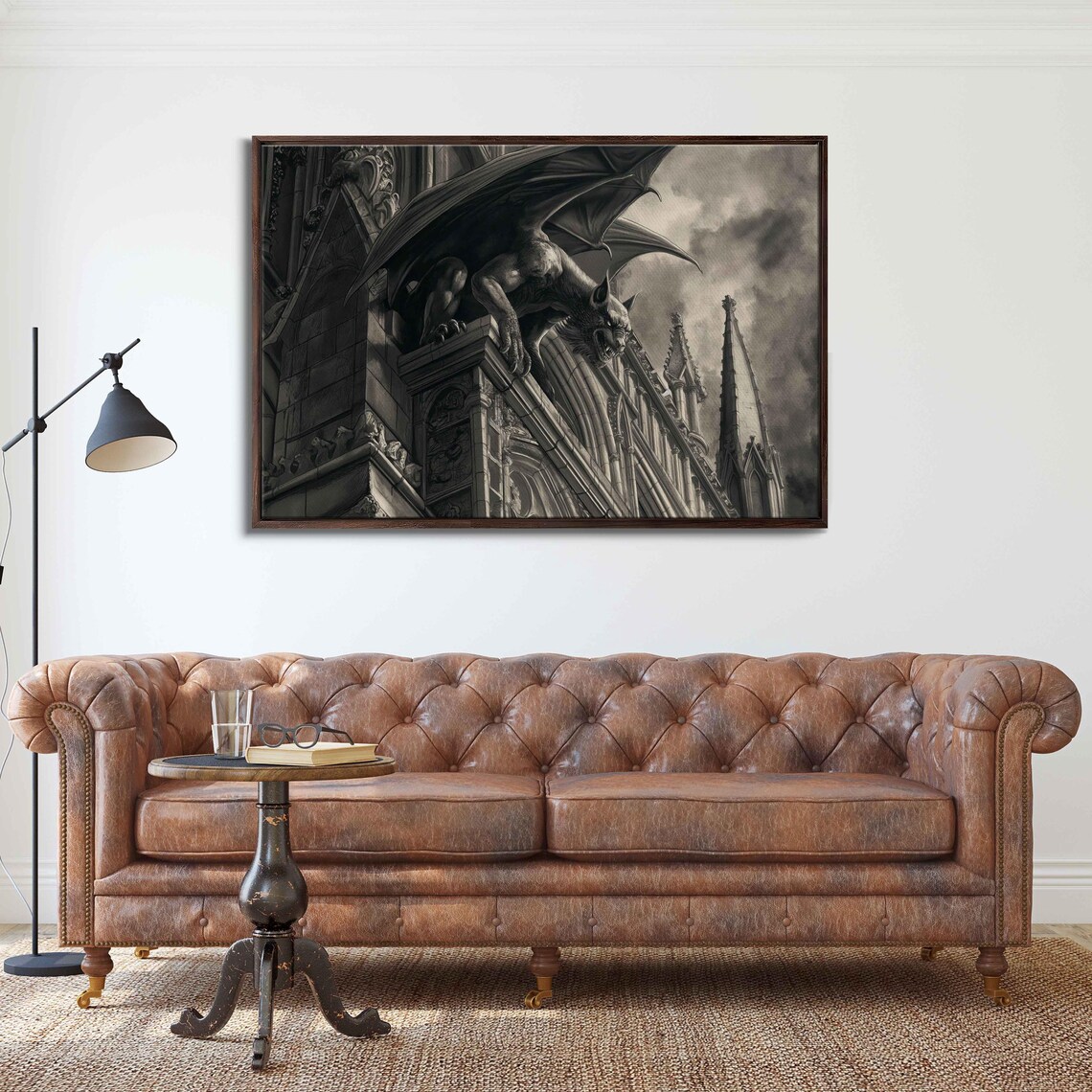 Stone Gargoyle Perched On Gothic Cathedral Ledge Monochrome Dramatic Art Poster