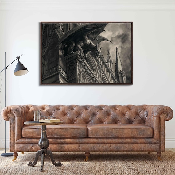 Stone Gargoyle Perched On Gothic Cathedral Ledge Monochrome Dramatic Art Poster