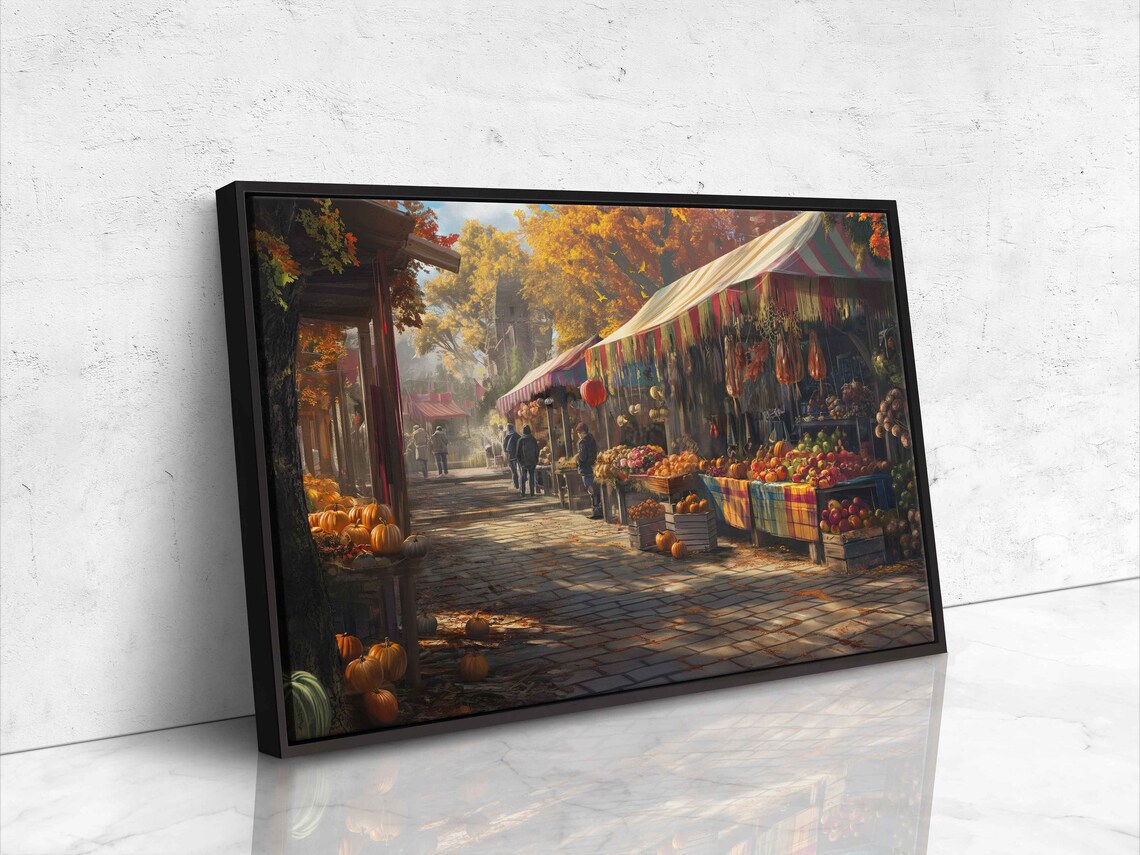 Autumn Farmers Market Cobblestone Street Harvest Stalls Festive Poster - Image 4