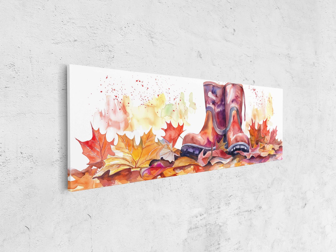 Red Rain Boots Standing On Colorful Fall Leaves Watercolor Poster - Image 4