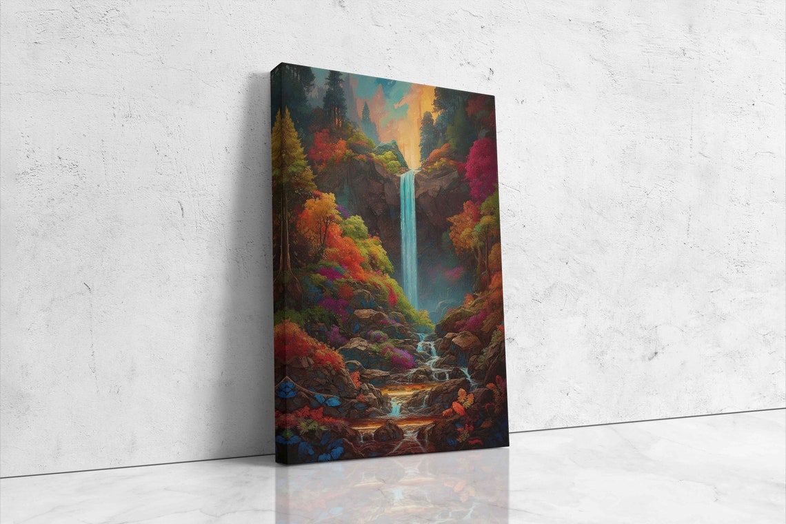 Waterfall In Colorful Autumn Forest Stylized Fantasy Art Poster - Image 4
