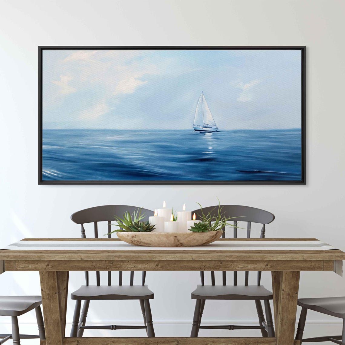 Lone White Sailboat On Deep Blue Ocean Horizon Minimalist Poster - Image 3