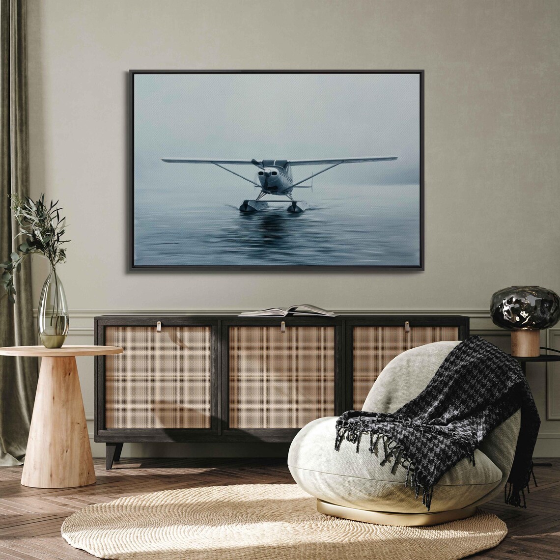 Vintage Seaplane Landing On Calm Misty Water Minimalist Aviation Photo Print - Image 3