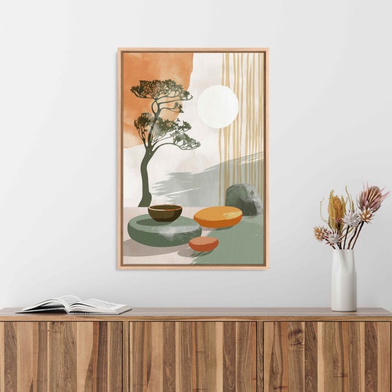 Minimalist Zen Garden Painting Flowing Water Full Moon Wall Art Print Ready To Hang
