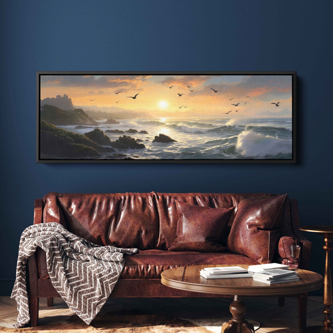 Rocky Coastline Sunrise Seagulls Crashing Ocean Waves Panoramic Poster - Image 2