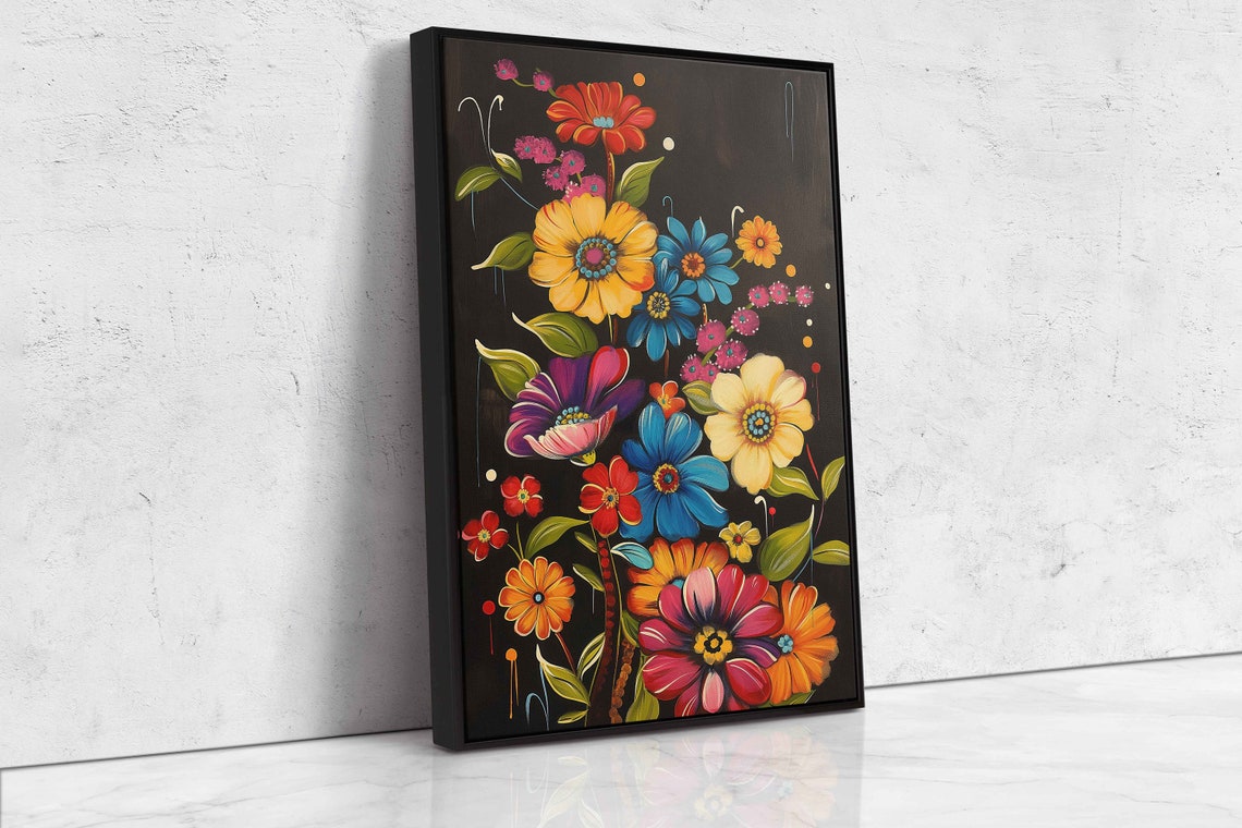 Folk Art Wildflowers Black Background Red Yellow Blue Blooms Poster - Image 4