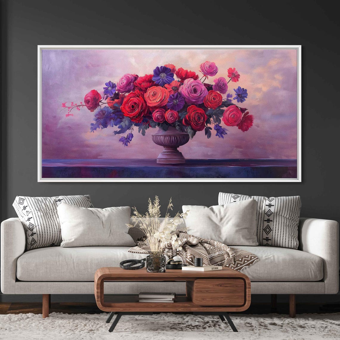 Red Roses Vintage Vase Sunset Sky Bold Floral Bouquet Art Poster
