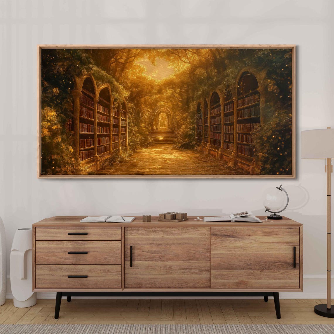 Grand Library In Ancient Trees Wall Art Print Mystical Forest Amber Glow Fantasy Atmosphere