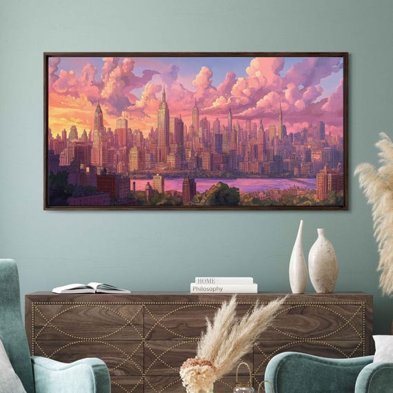 New York Skyline At Sunrise Pastel Grand Mural Wall Art Print Hudson River Architecture Cloudy Skies Ready To Hang
