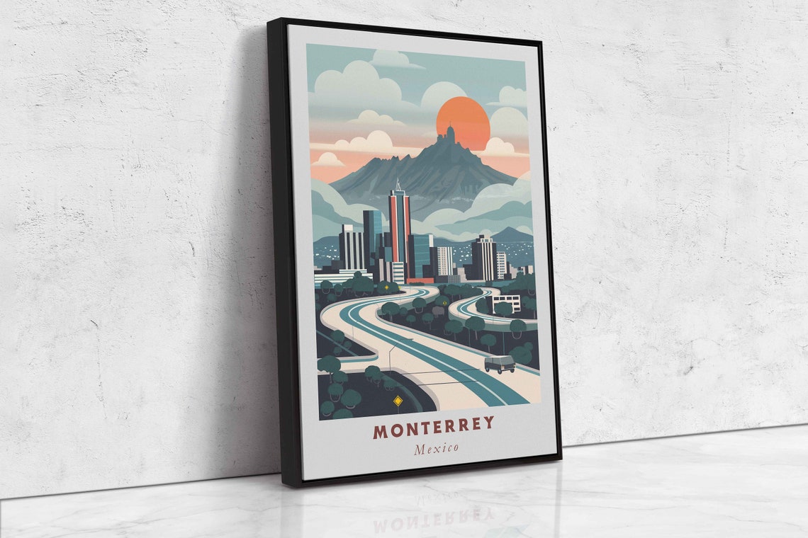Monterrey Mexico Mountain Highway City Orange Sun Travel Poster - Image 2