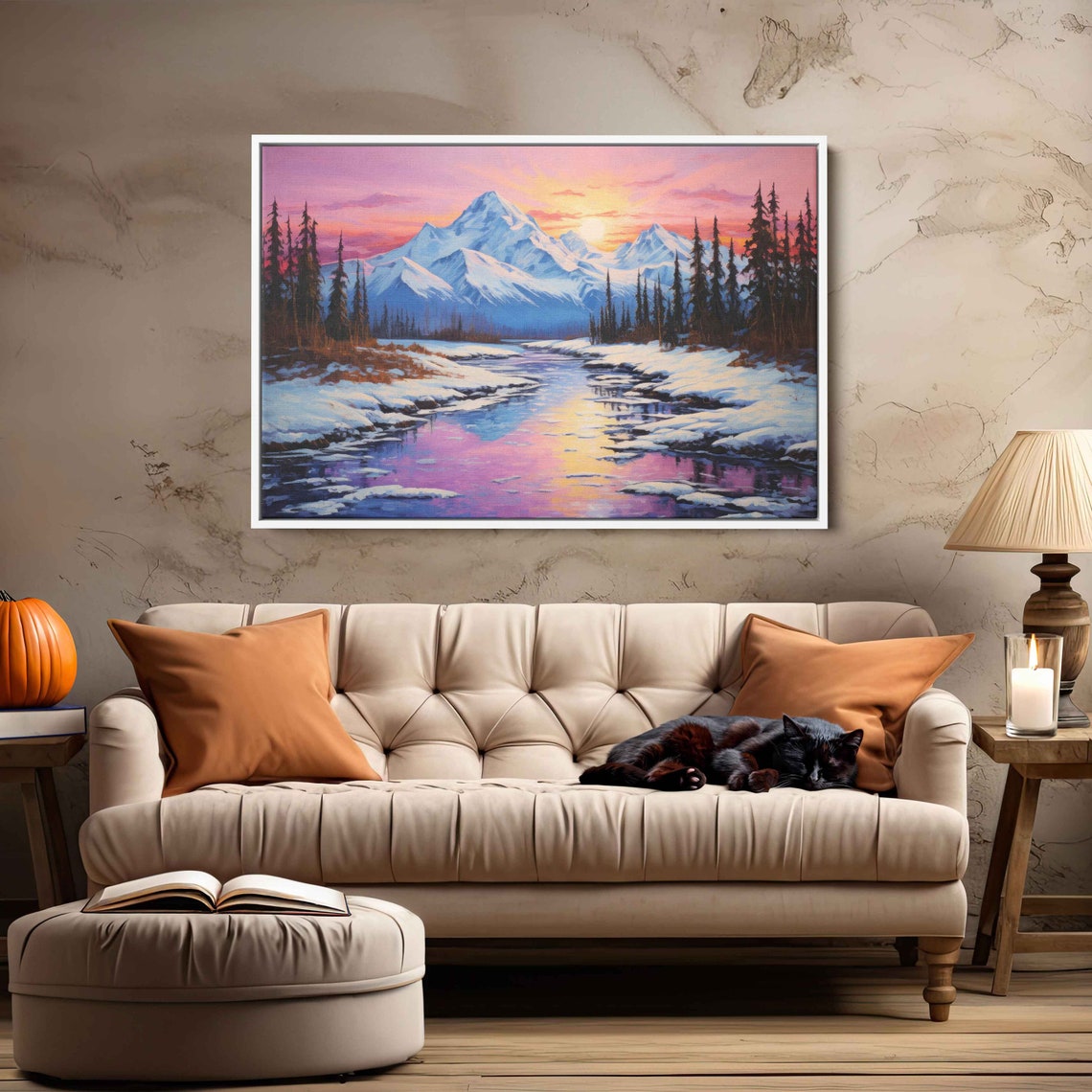 Talkeetna Alaska Winter River Snowy Mountains Pink Sunset Wall Print - Image 2