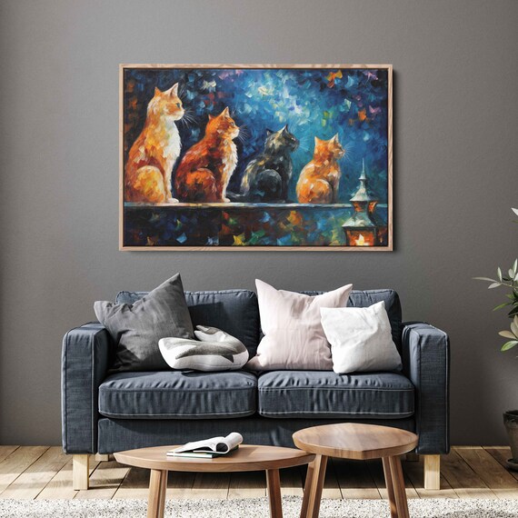 Four Stray Cats On Ledge Night City Lights Colorful Oil Painting Animal Poster