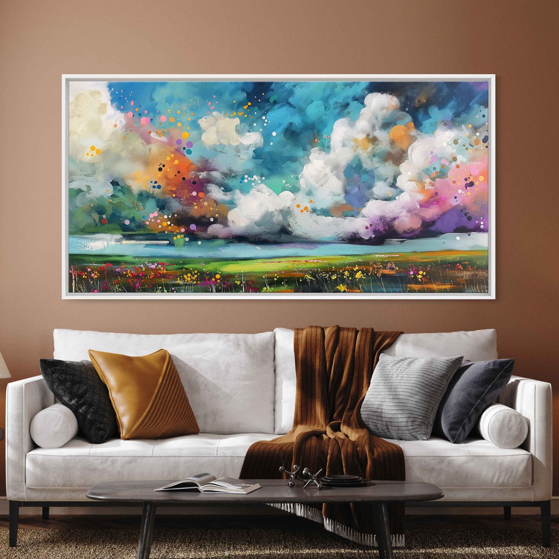 Dreamy Colorful Cloud Landscape Blooming Meadow Panoramic Art Poster - Image 3