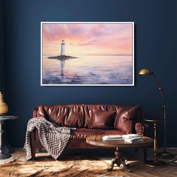 White Lighthouse On Rocky Island Calm Sea Pink Sunrise Watercolor Poster