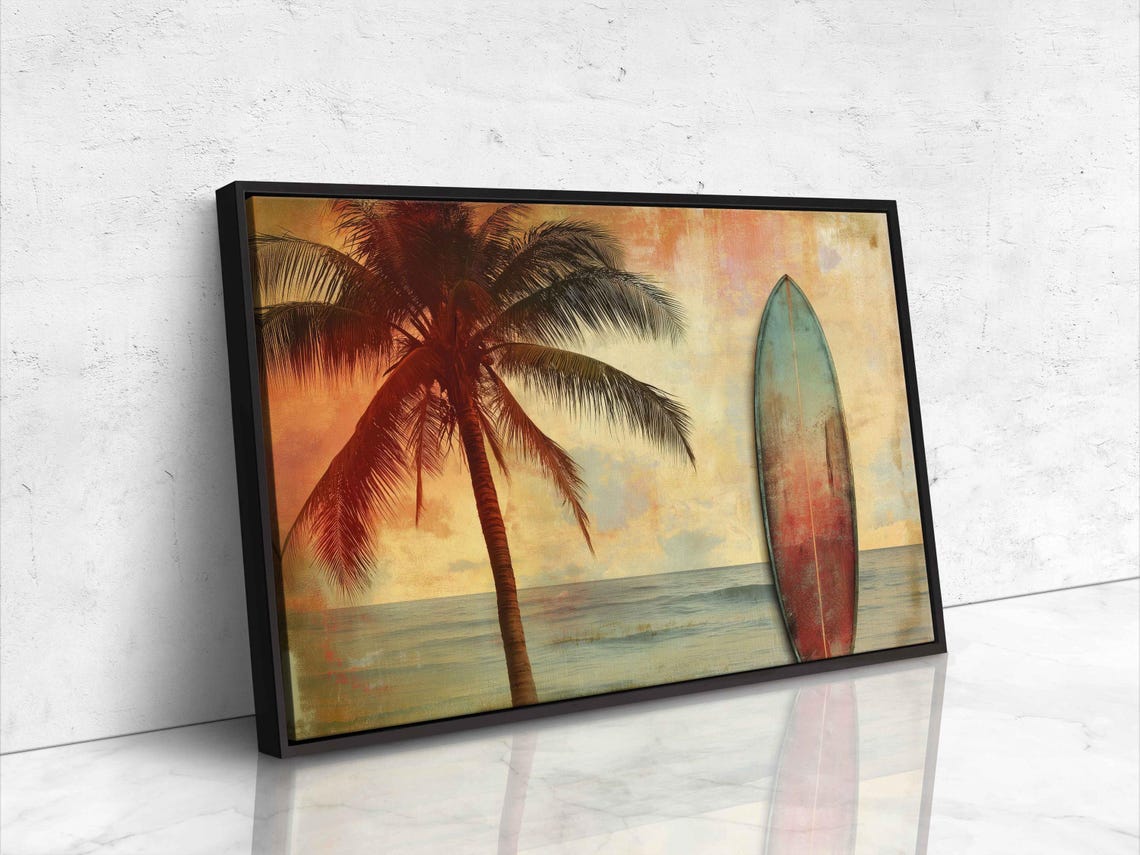 Surfboard On Sandy Beach Wall Art Print Beach Life Tropical Island Gift For Surfer Blue Water Palm Trees Ready To Hang - Image 4