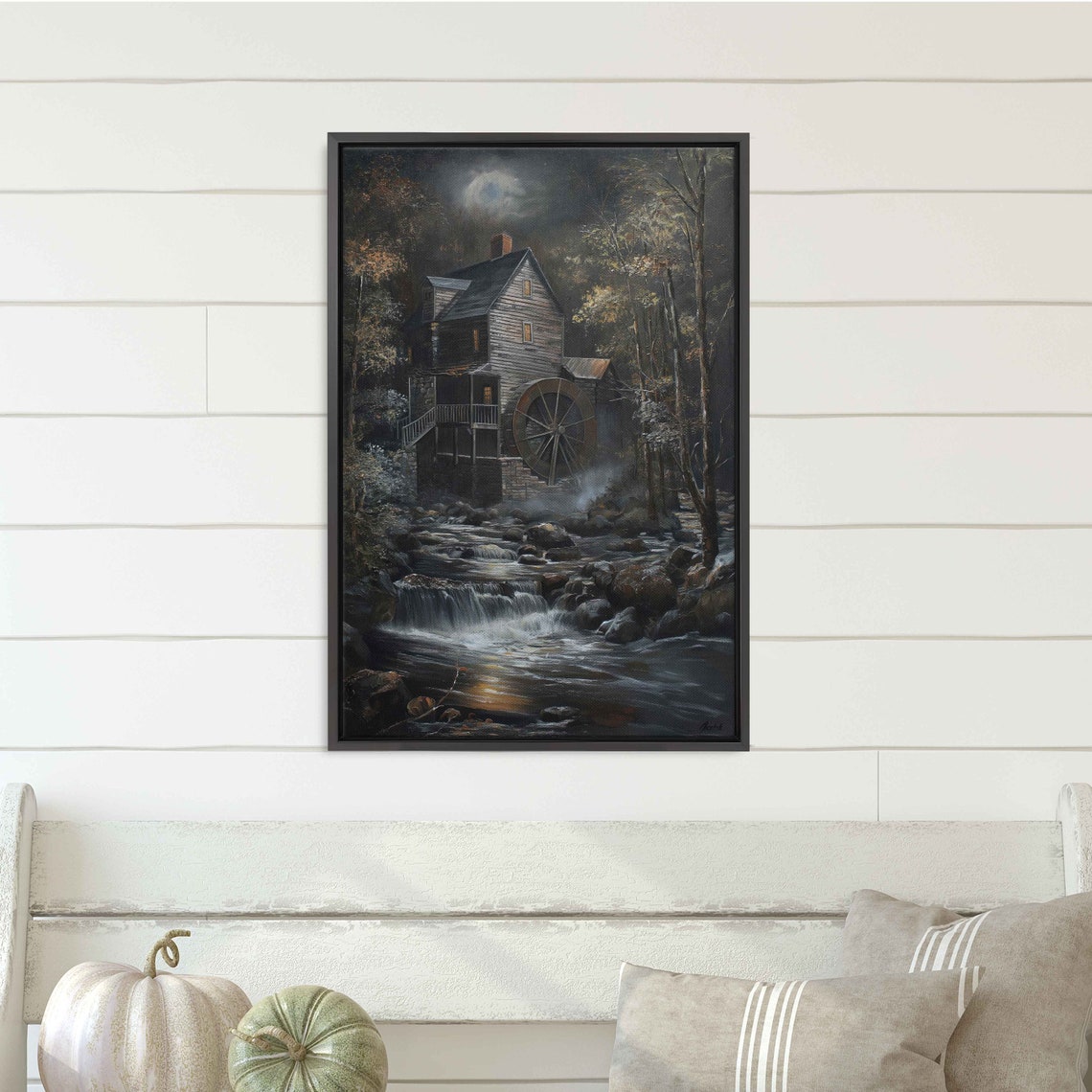 Spooky Old Mill With Waterwheel Flowing Stream Night Landscape Poster - Image 3