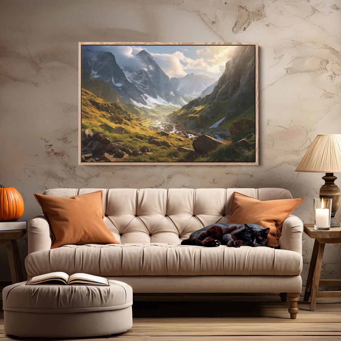 Captivating Sunlit Landscape Scene Green Valley Snowy Mountains Painting Framed Print Ready To Hang - Image 3