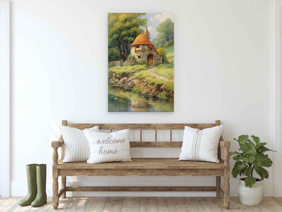 Storybook Stone Cottage River Orange Roof Fairytale Wall Art - Image 2
