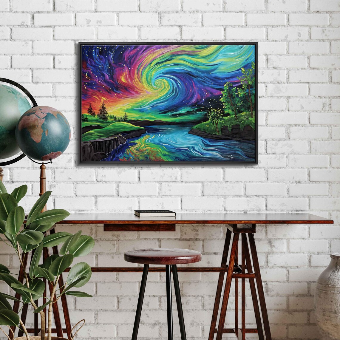 Colorful Rainbow Aurora Swirls Over Winding River Valley Night Sky Poster - Image 3