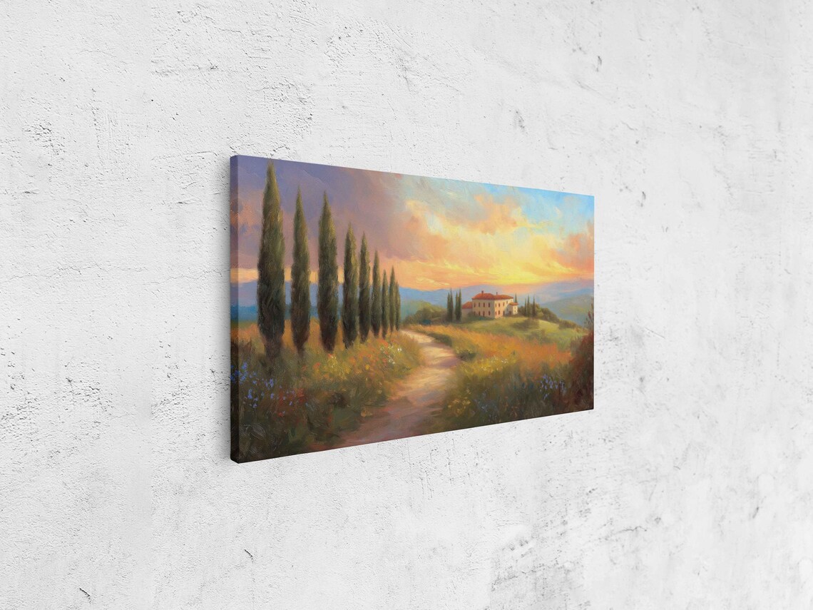 Italian Alley Landscape Wall Art Print Sunset Colors Cypress Trees Rustic Villa - Image 4