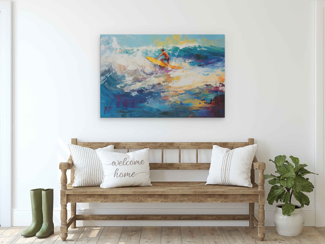 Surfing Oil Painting Textured Waves Print On Ready To Hang Gift For Surfer - Image 2