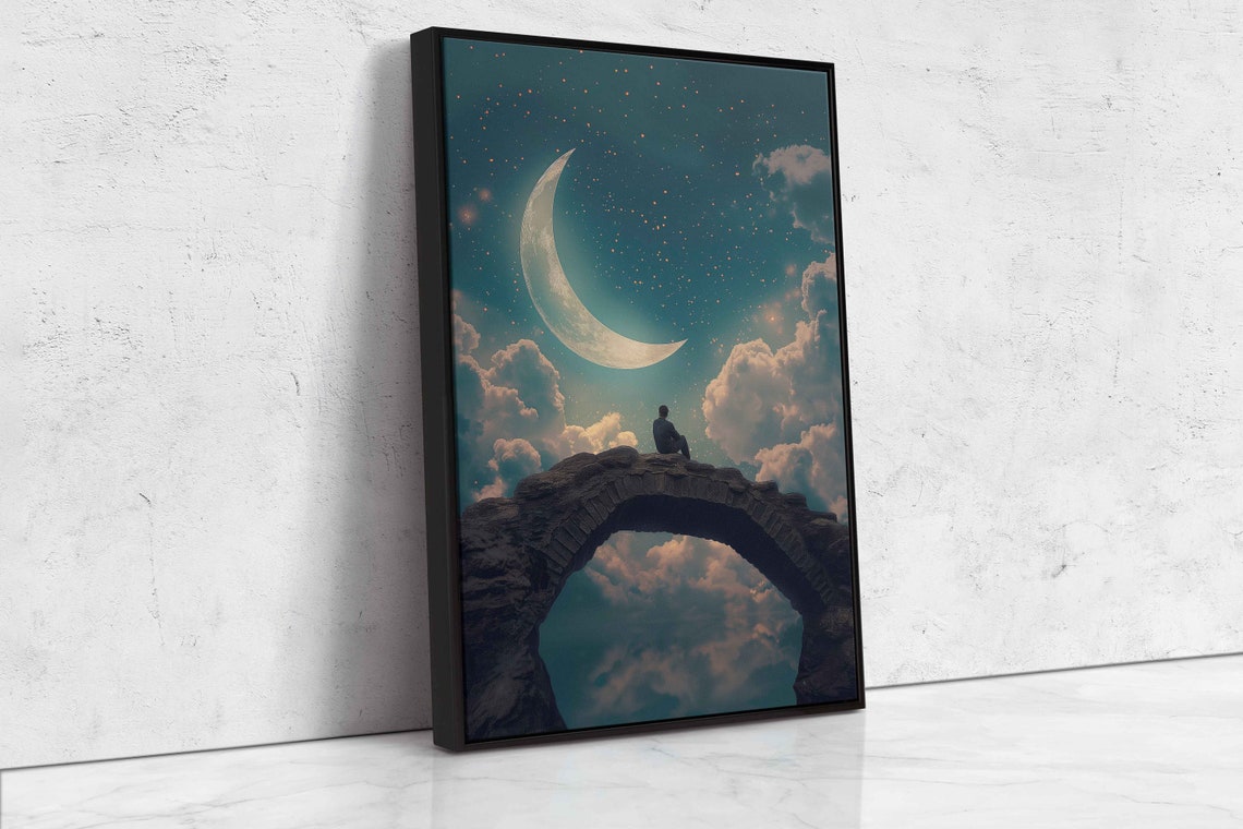 Man On Stone Arch Beneath Crescent Moon Starry Sky Art Poster - Image 4