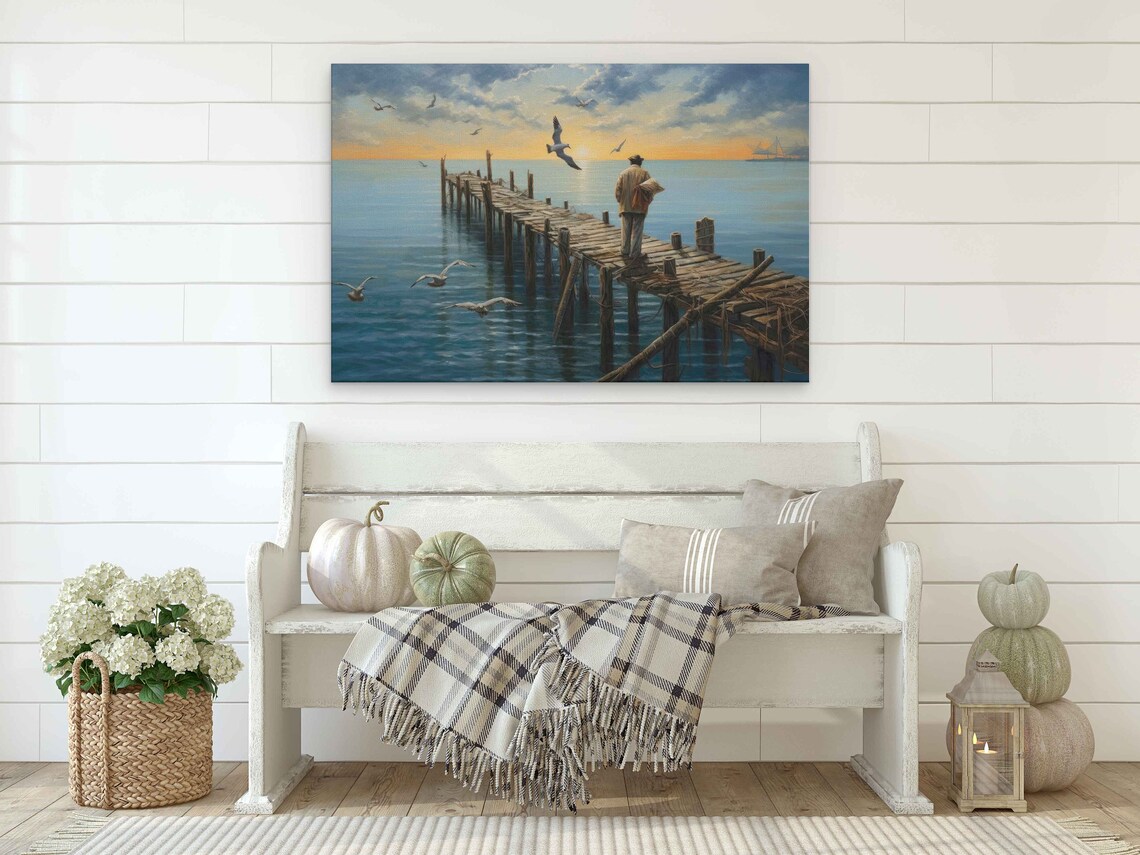 Fisherman On Wooden Dock Sunset Calm Sea Seagulls Painting Art Poster - Image 2