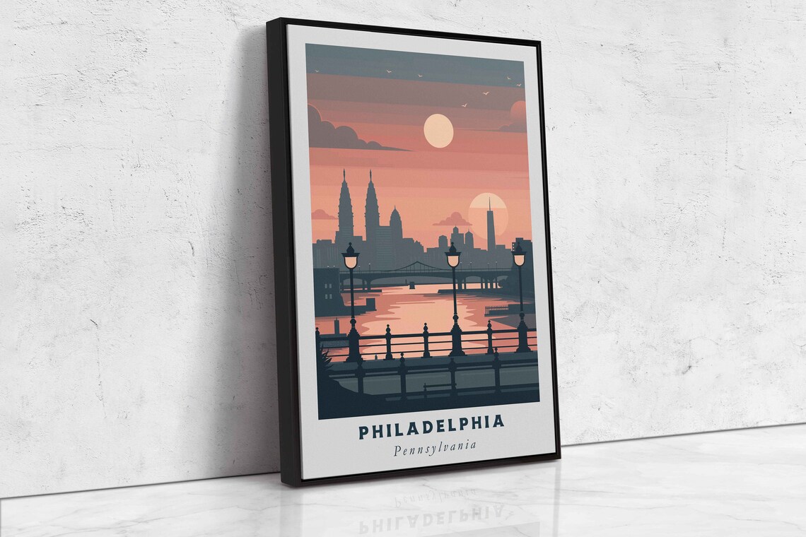 Philadelphia Pennsylvania Skyline River Lamp Sunset Travel Poster - Image 2