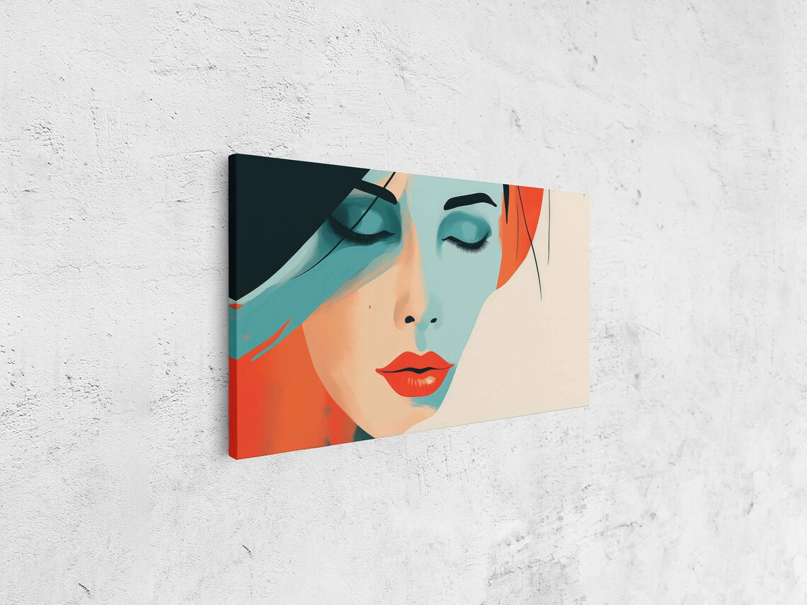 Pop Art Woman Face Teal Orange Closed Eyes Red Lips Fashion Wall Print - Image 4