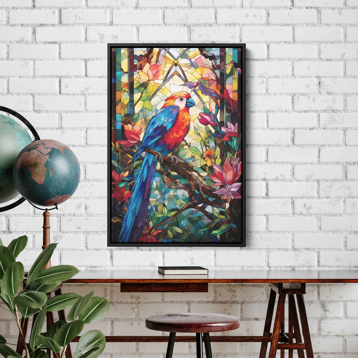 Colorful Mosaic Parrot Stained Glass Style Tropical Bird Vibrant Print