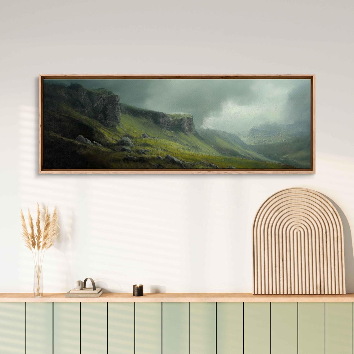 Scottish Highlands Green Cliffs Misty Valley Moody Landscape Poster