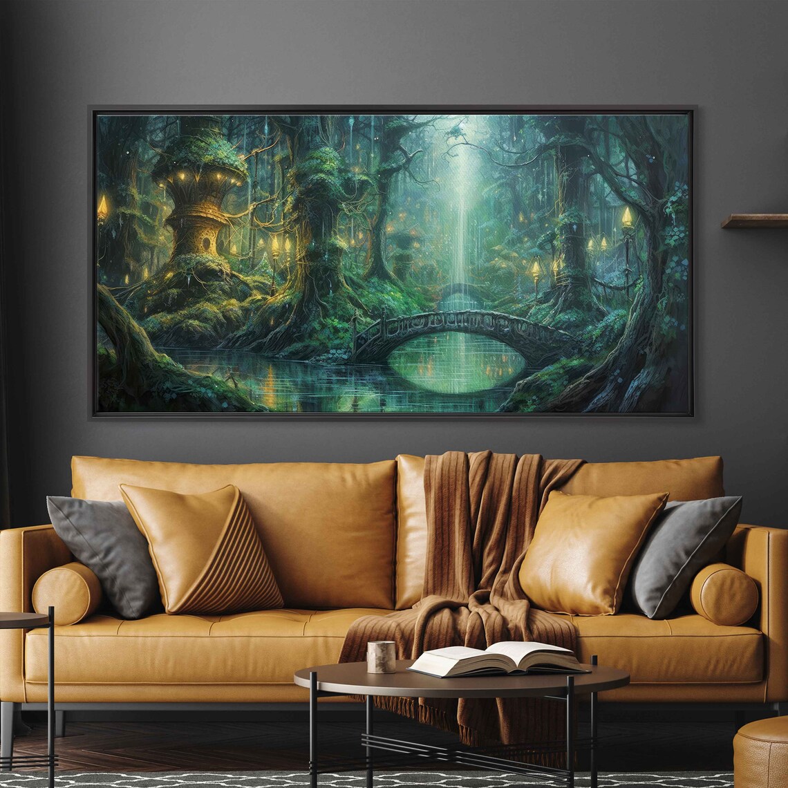 Enchanted Lantern-Lit Forest Village, Fantasy Art Print - Image 3