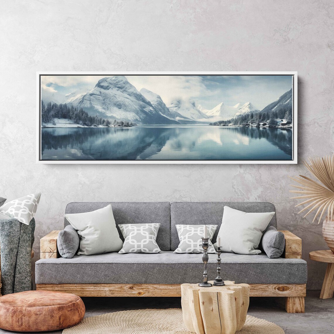 Serene Lakeside Vista Panoramic Wall Art Lake And Snowy Mountains Framed Print Ready To Hang - Image 2