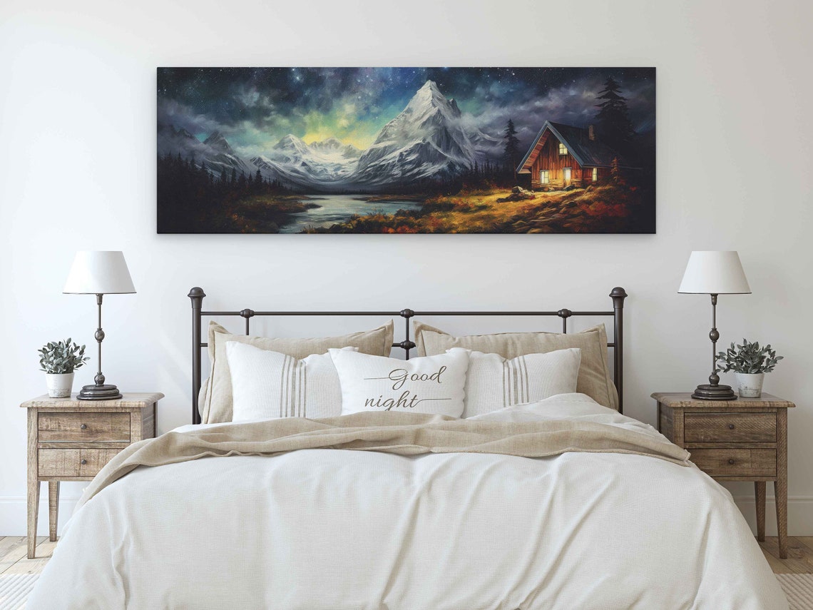 Lakeside Cabin at Night Glowing Windows Snowy Peaks Aurora Poster - Image 3