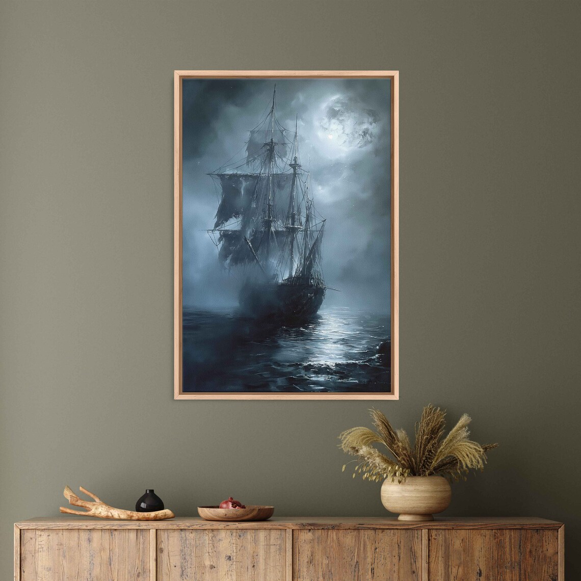 Haunted Ghost Pirate Ship, Moonlit Sea Poster Print