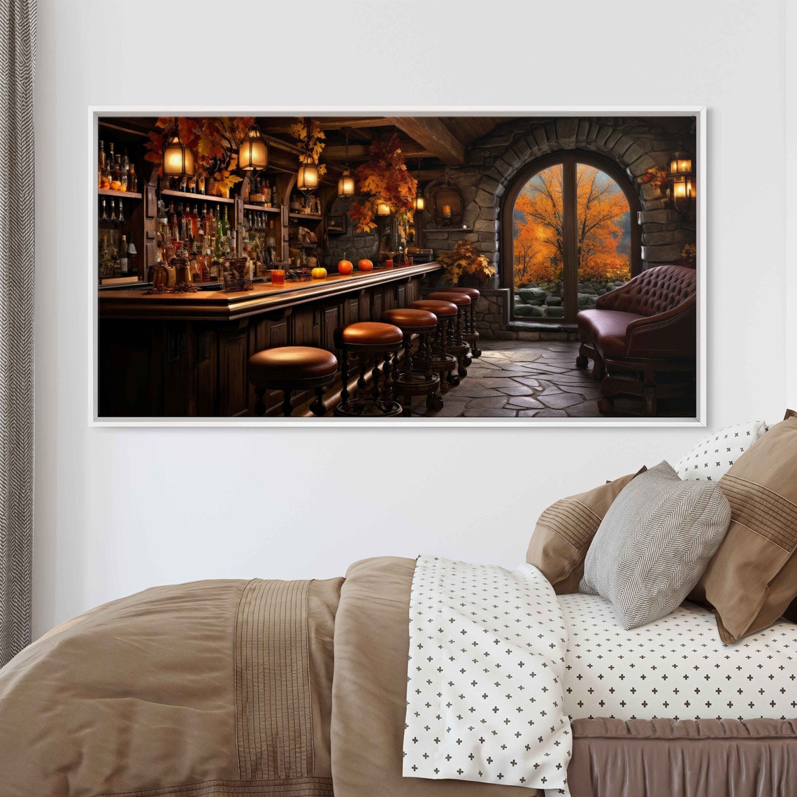Cozy Autumn Pub Bar Interior Stone Arch Window Fall Foliage Art Print - Image 2
