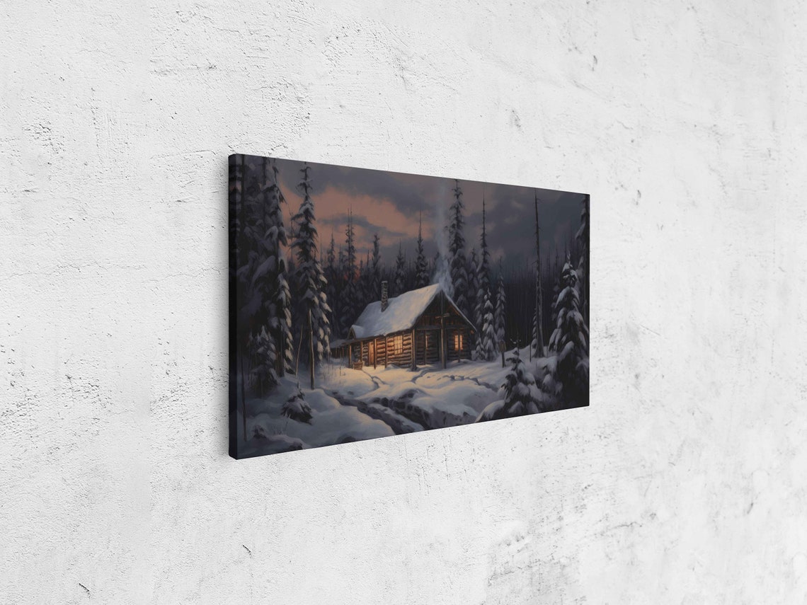 Snowy Log Cabin Glowing Windows Winter Forest Night Art Poster - Image 4
