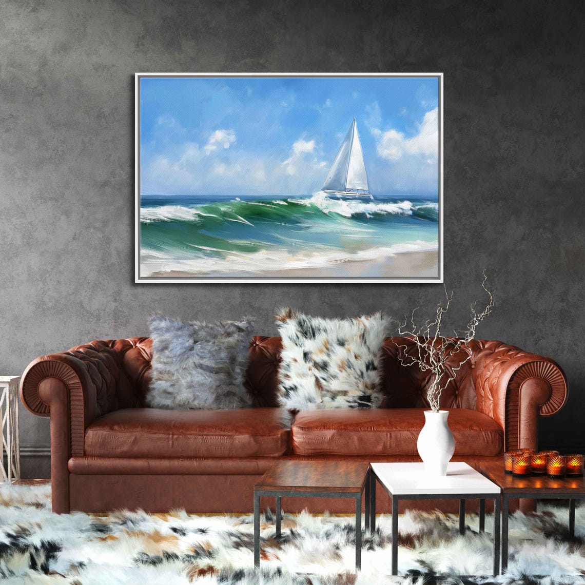 Sailboat Riding Green Ocean Waves Dynamic Seascape Wall Poster