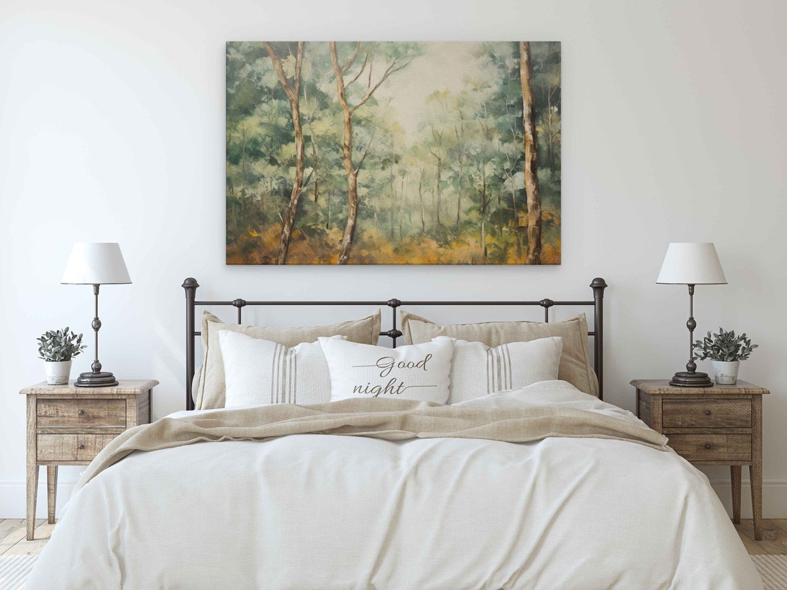 Misty Forest Grove Soft Green Gold Trees Morning Light Poster - Image 3