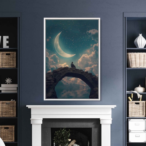 Man Sitting On Bridge Looking At Crescent Moon Above Clouds Hyperrealism Photo Wall Art Print Impressionism Ready To Hang