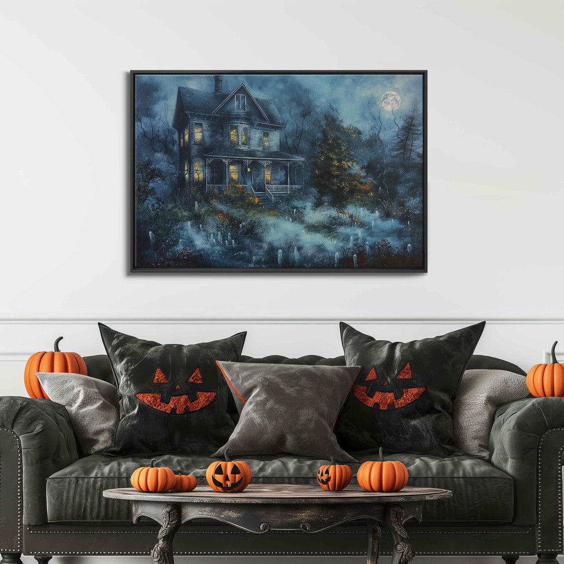 Old Haunted House Foggy Night Glowing Windows Full Moon Spooky Poster - Image 3