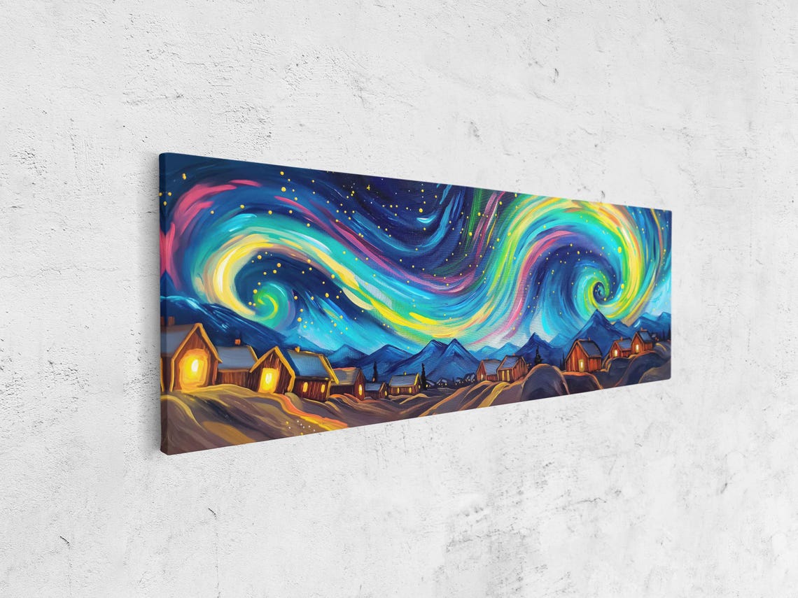 Colorful Swirling Aurora Over Cozy Village Cabins At Night Sky Poster - Image 4