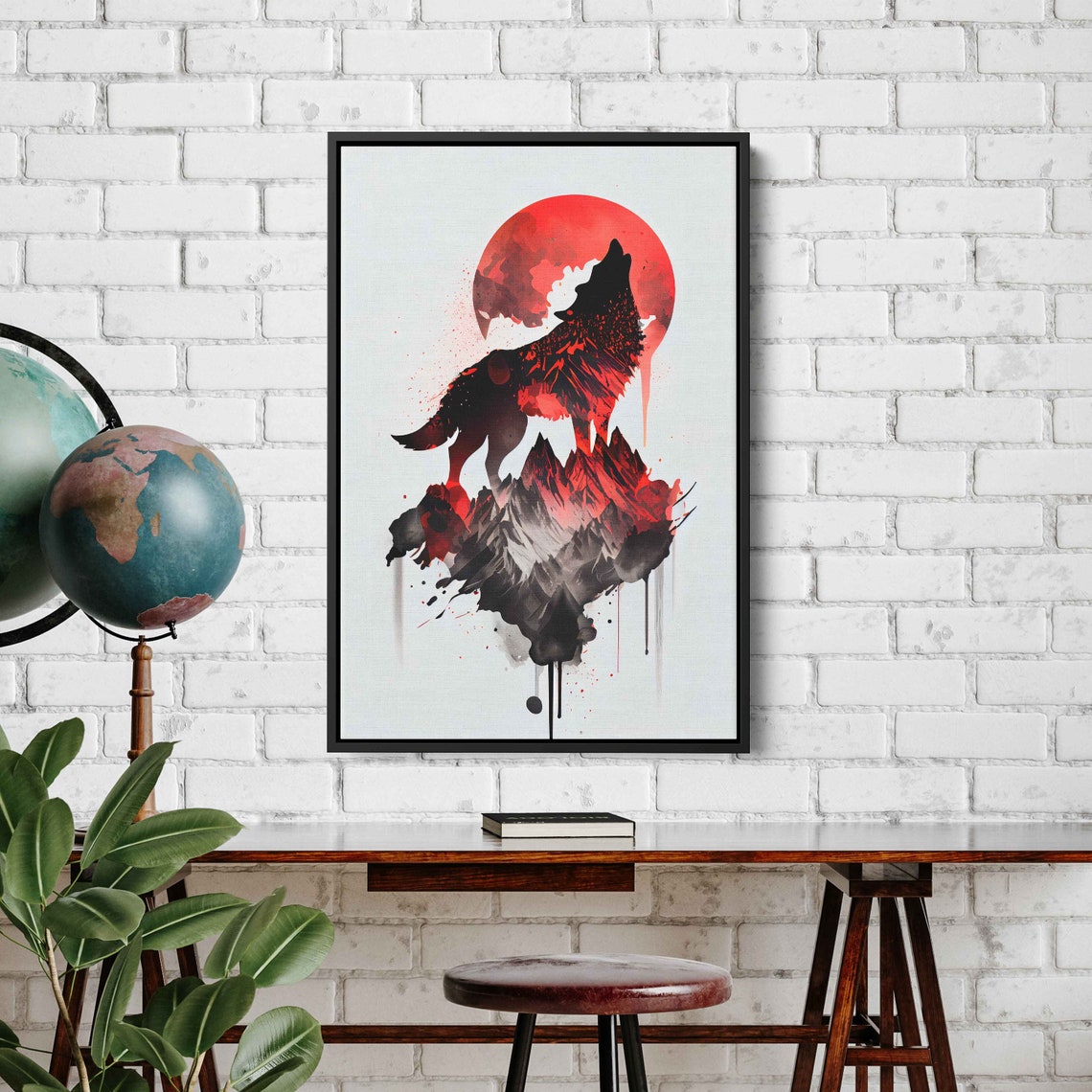 Howling Wolf Red Moon Mountains Red Black Ink Splash Art Animal Poster