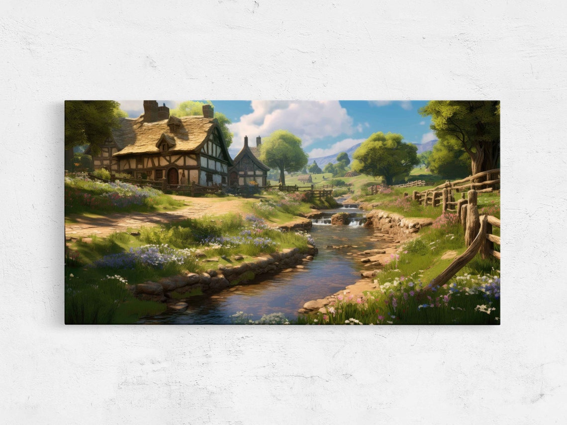 Thatched Stone Cottage by Stream Sunny Countryside Painting Poster