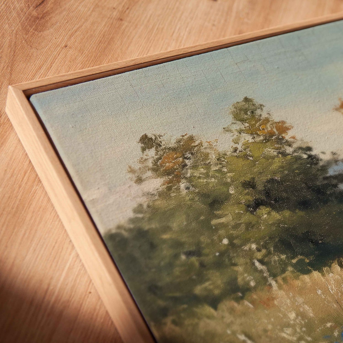 Vintage Landscape Painting Lush Greenery Cloudy Blue Sky Wall Art Print Ready To Hang - Image 2