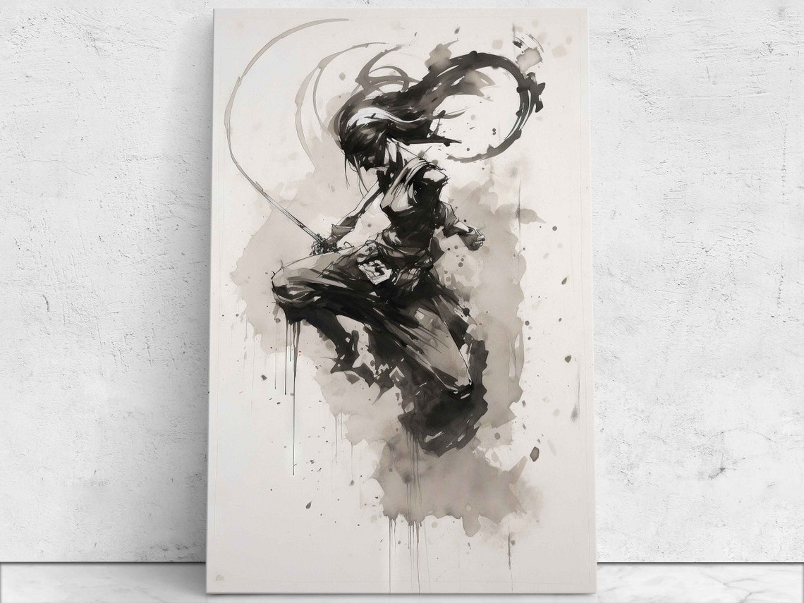 Black Ink Samurai Warrior Dynamic Sword Pose Japanese Sumi E Wall Art
