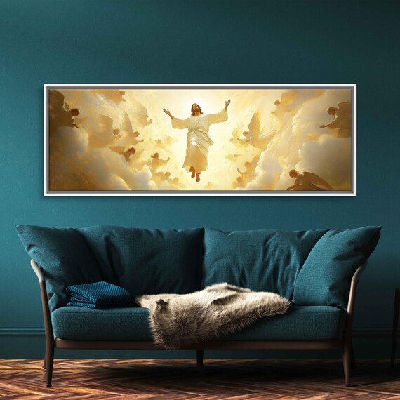 Jesus Ascending Among Angels In Golden Clouds Panoramic Art Poster