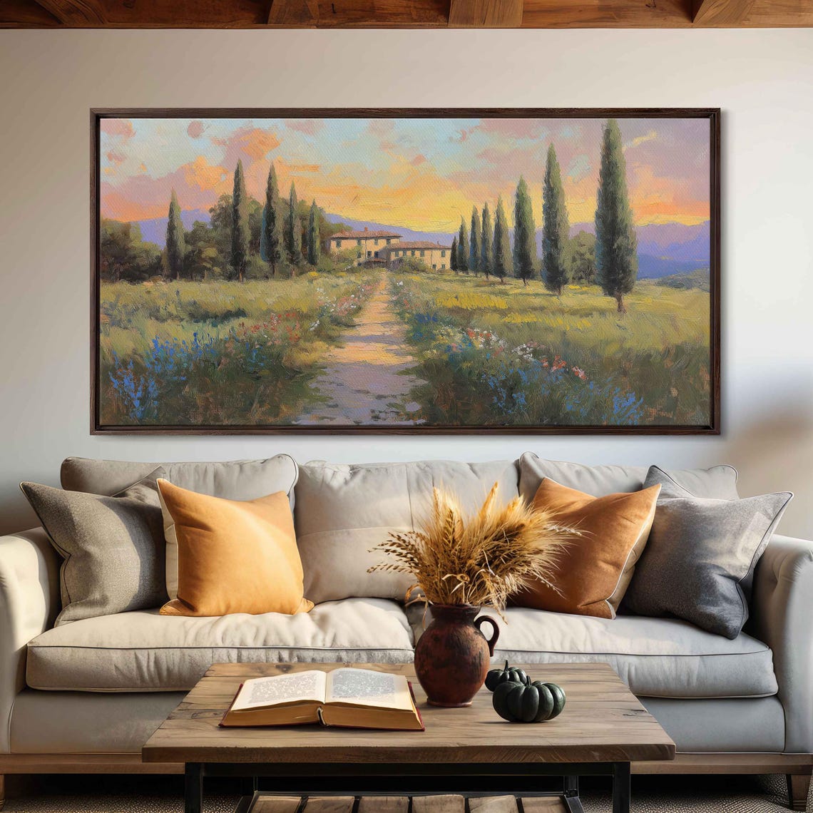 Tuscan Cypress Alley Wildflower Meadow Villa Sunset Italian Poster - Image 3