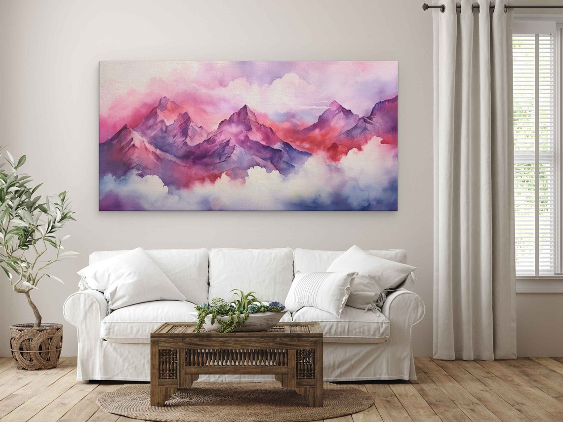 Pink Purple Mountains Above Clouds Watercolor Landscape Art Poster - Image 3
