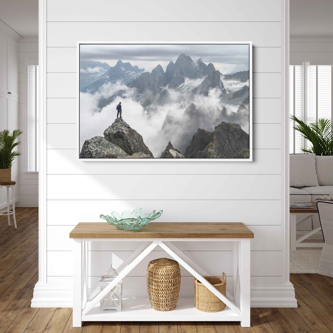 Climber On Rocky Summit Overlooking Cloud Sea Peaks View Print - Image 3